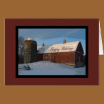 Snow Covered Red Barn Happy Holidays Card cards