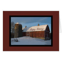 Snow Covered Red Barn Happy Holidays Card