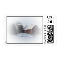 Snow Covered Red Barn Postage Stamp