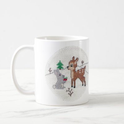 Snow Fawn and bunny Cross Stitch mugs