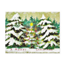 snow fell on house and the christmas tree postcards