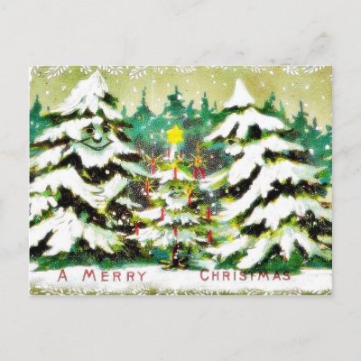 snow fell on house and the christmas tree postcards