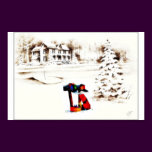 snow fell on house and the christmas tree