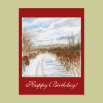 Snow Filled Field winter Birthday postcard
