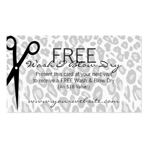 Snow Leopard Print Hair & Beauty Coupon Discount Business Card (back side)