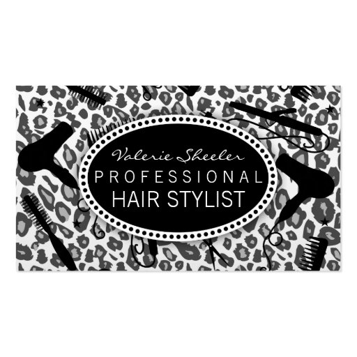 Snow Leopard Print Hair Salon Tools (Custom) Business Card Templates (front side)
