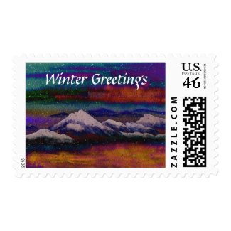 Snow Mountain Peak Colorful Winter Night Snowflake Postage Stamp