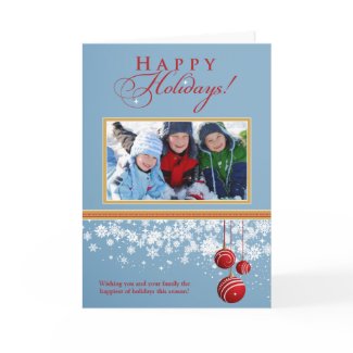 Snow Ornaments Family Holiday Card (blue) card