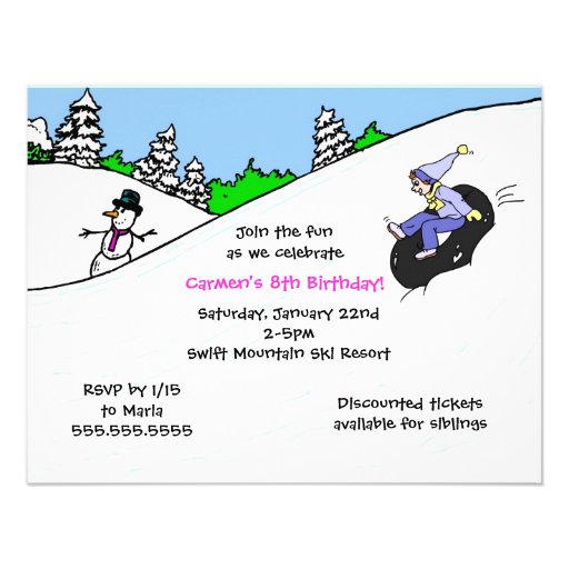 Snow tubing invitation Girl with Red hair