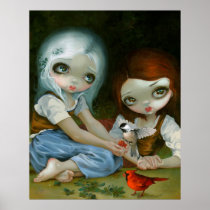 artsprojekt, art, fairytale, snow white and rose red, snow, white, rose, snow white, jasmine becket-griffith, strangeling, red, fairy, tale, fairytale oracle, fairytales, cardinal, chickadee, bird, forest, bouguereau, william bouguereau, peasant, girls, peasants, eye, eyes, big eye, big eyed, jasmine, becket-griffith, becket, griffith, beckett, jasmin, artist, goth, gothic, gothic fairy, faery, fairies, Poster with custom graphic design