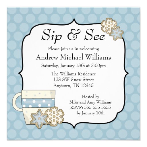 Snowflake Blue Polka Dot Sip and See Personalized Announcement