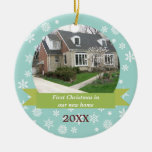 Snowflake flurry green banner teal custom photo christmas ornament