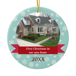 Snowflake flurry red banner teal custom photo ornament