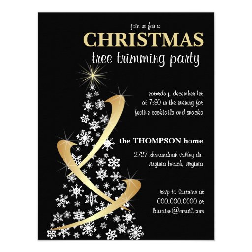 Snowflake & Gold Ribbon Christmas Tree Invite (front side)