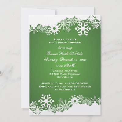 Snowflake green winter wedding bridal shower invitation featuring a white