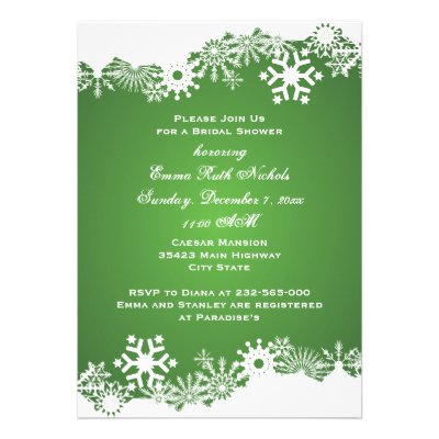 Snowflake green white winter wedding bridal shower invitations