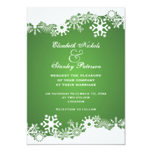 Snowflake green white winter wedding invitation personalized invites