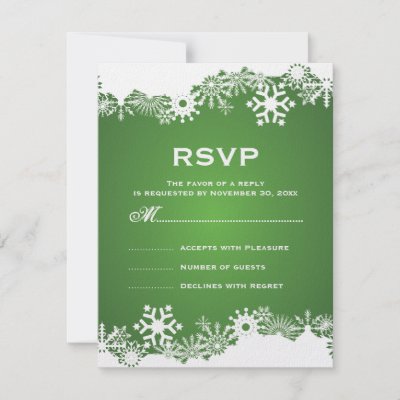 Snowflake green winter wedding RSVP response card featuring a white border