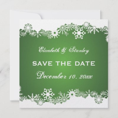 Snowflake green winter wedding Save the Date announcement featuring a white 