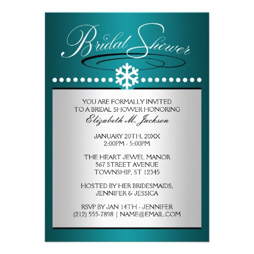Snowflake Jewel Teal Bridal Shower Invitations