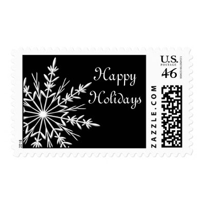 Snowflake on Black Happy Holidays Postage Stamp
