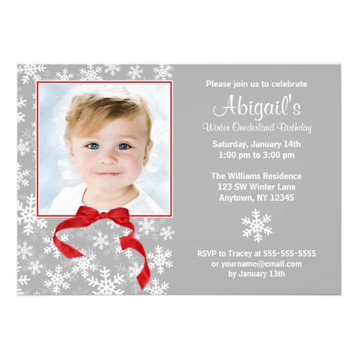 Snowflake Red Bow Winter Onederland Photo Birthday Custom Announcements