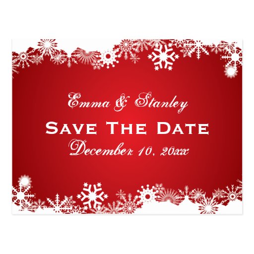 Snowflake red white winter wedding Save the Date Postcard