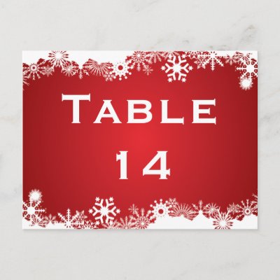 Snowflake red white winter wedding table number postcard by weddings