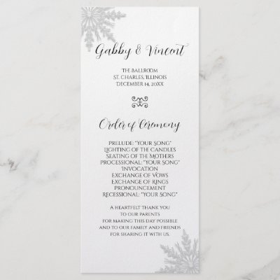 Snowflake Winter Wedding Program Rack Card Design by loraseverson