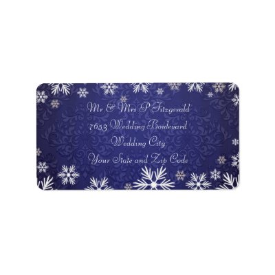 Snowflakes and Blue Damask Wedding Personalized Address Label