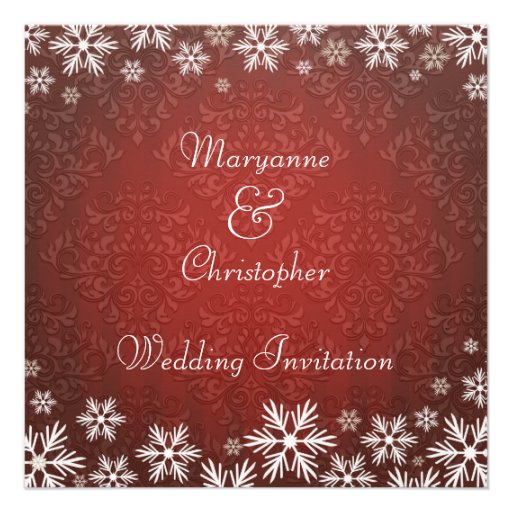 Snowflakes and Red Damask Wedding Personalized Invitation