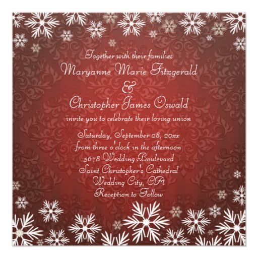 Snowflakes and Red Damask Wedding Personalized Invitation