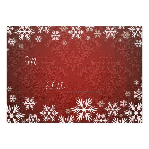 Snowflakes and Red Damask Wedding Place Setting Business Cards (front side)