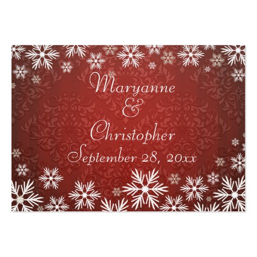 Snowflakes and Red Damask Wedding Place Setting Business Cards (back side)