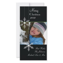 Snowflakes ~ black and white christmas, green trim photo cards