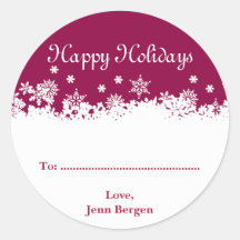 Snowflakes custom Christmas red holiday gift tag Round Sticker