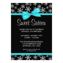Snowflakes Teal Bow Winter Wonderland Sweet 16 Custom Invitation