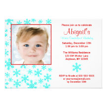 Snowflakes Teal Red Winter Onederland Birthday Personalized Invite