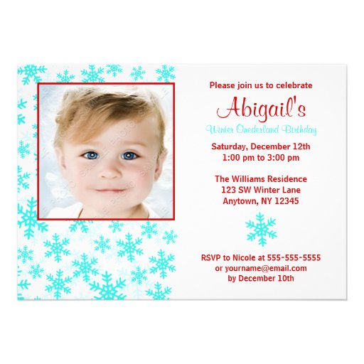 Snowflakes Teal Red Winter Onederland Birthday Personalized Invite
