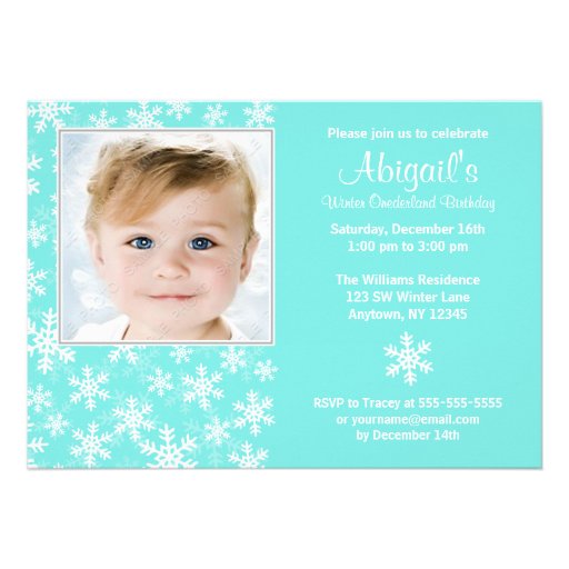 Snowflakes Winter Onederland Aqua Photo Birthday Personalized Invitation