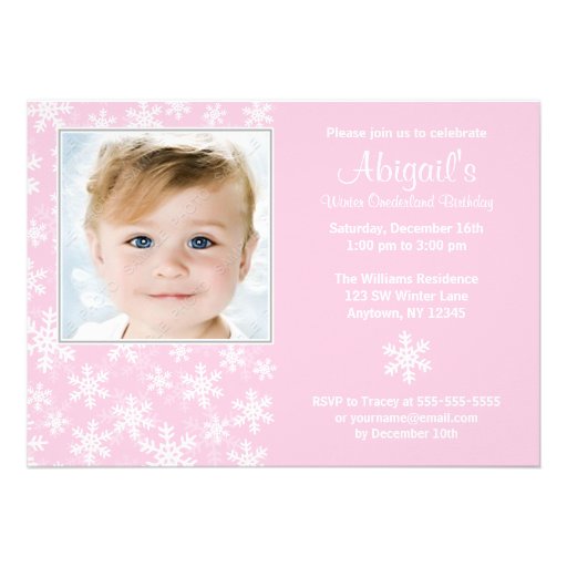 Snowflakes Winter Onederland Pink Photo Birthday Invite (front side)