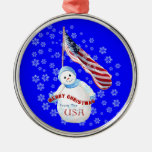 Snowman and American Flag Christmas Ornament