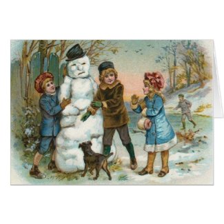 snowman and children christmas greeting card