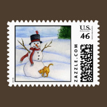 Snowman and Kitty Postage Stamp