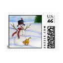 Snowman and Kitty Postage Stamp by 13BlackCatsDesigns Snowman and Kitty Postage Stamp