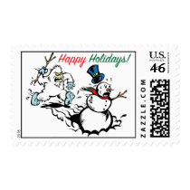 Snowman Chase Happy Holidays Postage Stamps