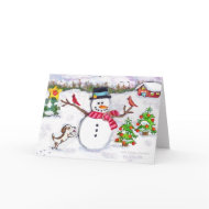 Snowman & Dog Winter Scene Christmas Card