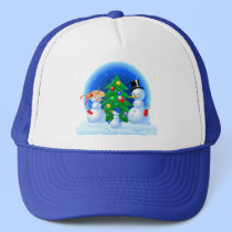 Snowman Family Playing Snowballs hats