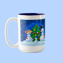 Snowman Family Playing Snowballs mugs