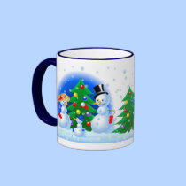 Snowman Family Playing Snowballs mugs